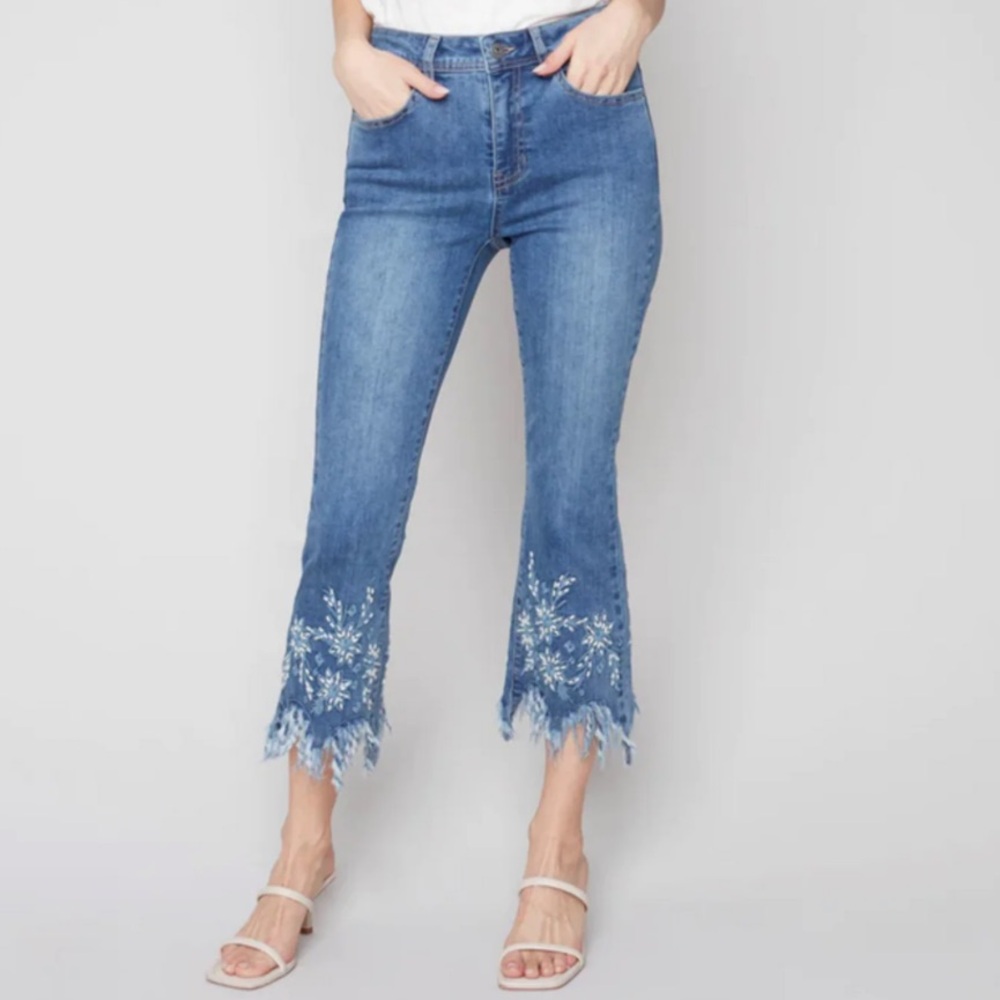 Charlie B Floral Embroidered Feather & Pearl Hem Cropped Jeans